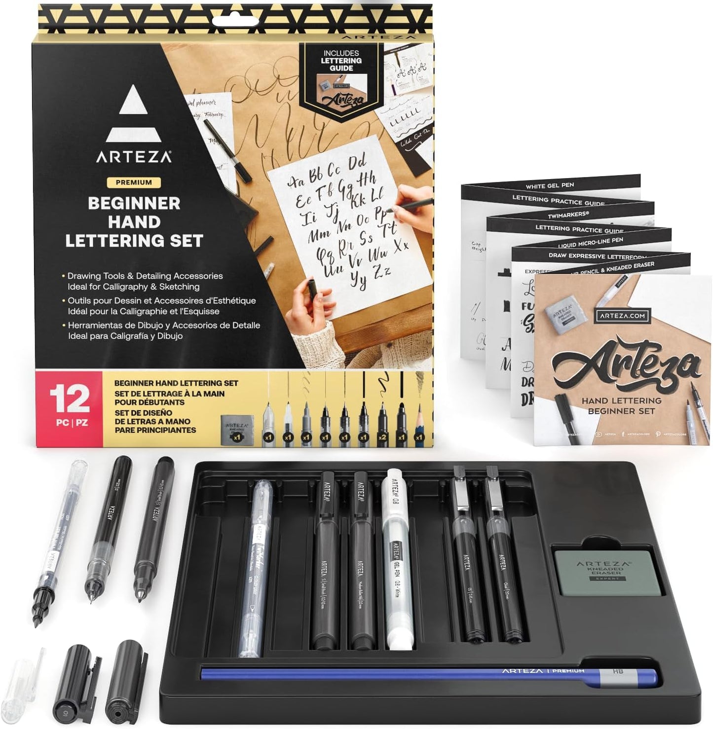 ARTEZA Hand Lettering Pens Set of 12 – Calligraphy and Brush Pens with Guidebook, Pencil, Eraser for Beginners Learning Hand Lettering and Decorative Writing