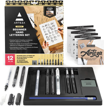 ARTEZA Hand Lettering Pens Set of 12 – Calligraphy and Brush Pens with Guidebook, Pencil, Eraser for Beginners Learning Hand Lettering and Decorative Writing