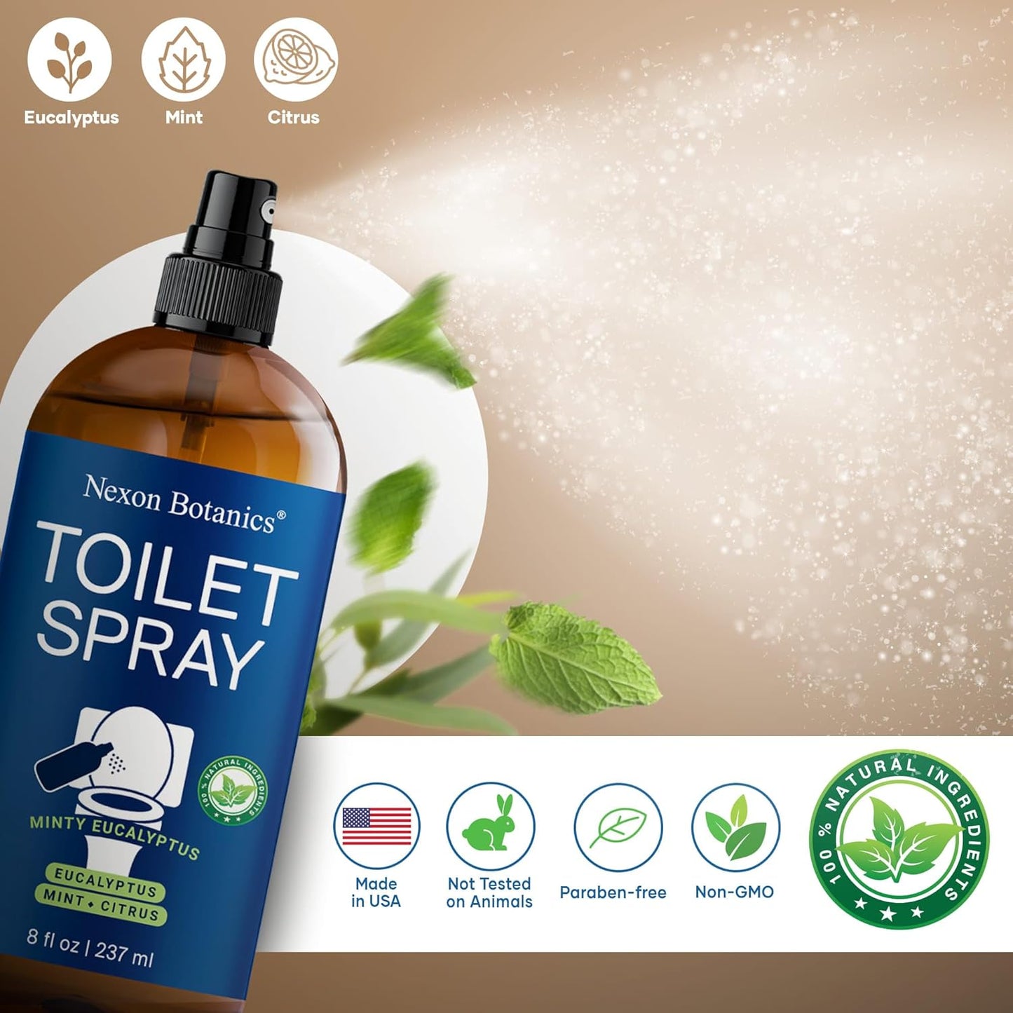 Minty Eucalyptus Toilet Spray 8 fl oz - Bathroom Air Freshener Spray and Travel Size - Eucalyptus, Mint, and Citrus - Nexon Botanics