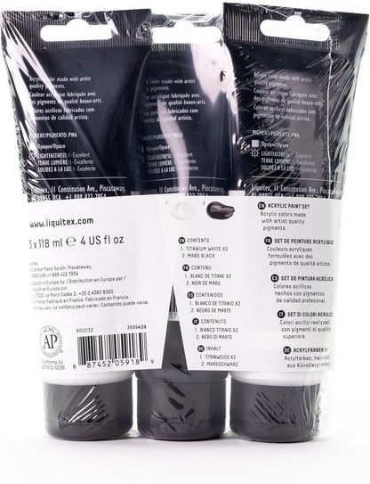 Liquitex Basics Acrylic Paint Set, 3 x 118ml (4-oz.) Tube Paint Set, Two White & One Black