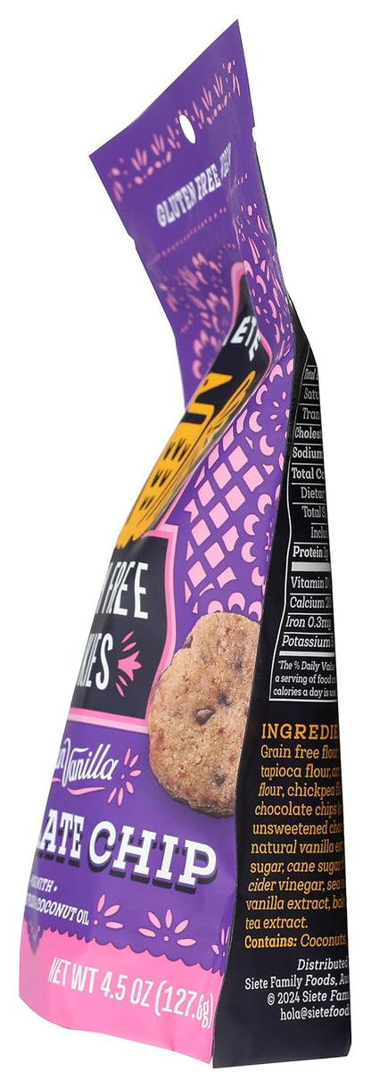 Siete Gluten Free Chocolate Chip Cookies w/ Hint of Mexican Vanilla | Vegan | Grain Free | Non GMO | Dairy Free | Made with Almond Flour & Coconut Oil | 4.5 Oz. Bag (Pack of 1)