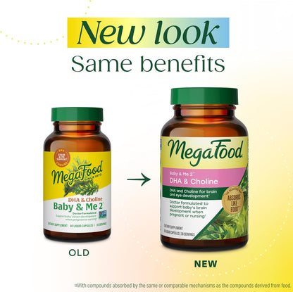 MegaFood Baby & Me 2 Prenatal Vitamins for Women, DHA & Choline Supplements, Liquid DHA and Choline for Baby's Brain and Eye Development During Pregnancy, Vegan, 60 Capsules (30 Servings)