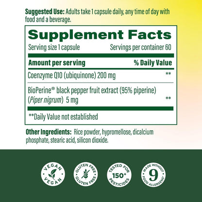 MegaFood High Absorption CoQ10 200mg Per Serving - with BioPerine Black Pepper Extract - Antioxidant Support for Cellular Energy & Healthy Aging - 60 Heart Health Supplements Capsules, 60 Servings
