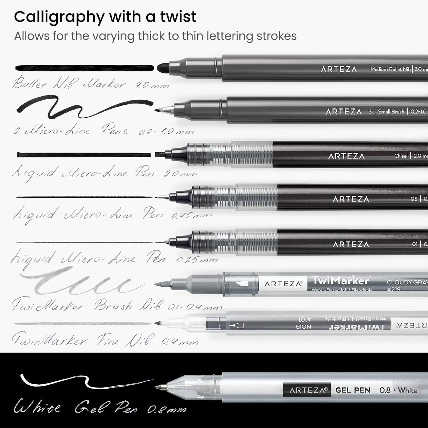ARTEZA Hand Lettering Pens Set of 12 – Calligraphy and Brush Pens with Guidebook, Pencil, Eraser for Beginners Learning Hand Lettering and Decorative Writing