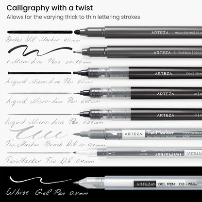 ARTEZA Hand Lettering Pens Set of 12 – Calligraphy and Brush Pens with Guidebook, Pencil, Eraser for Beginners Learning Hand Lettering and Decorative Writing