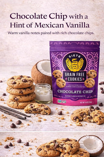 Siete Grain Free Cookies Mexican Vanilla Chocolate Chip – Gluten Free Vegan Cookies – Almond Flour Cookies with Coconut Oil – Dairy Free, Paleo Friendly Snack – 16 oz