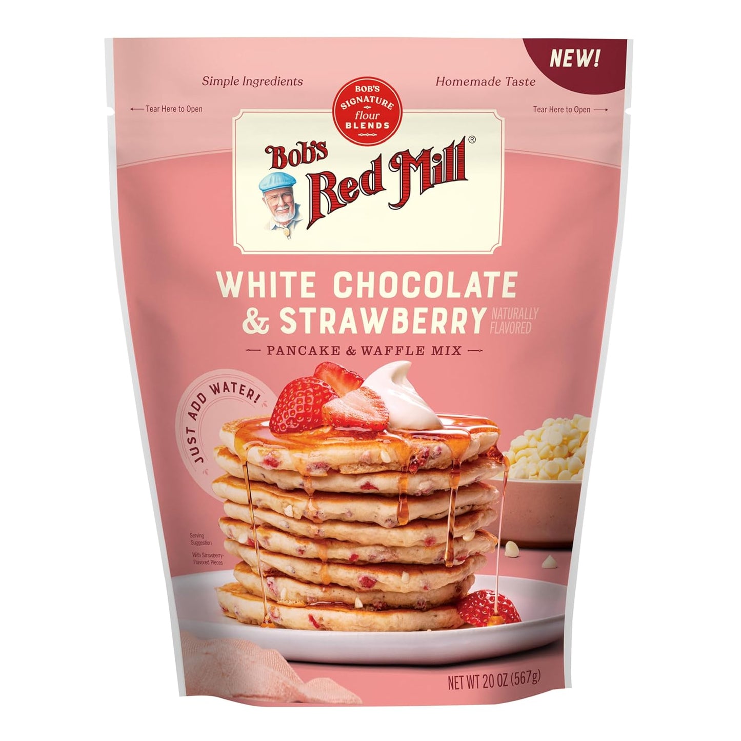 Bob’s Red Mill White Chocolate & Strawberry Pancake/Waffle Mix, 20 Ounce (Pack of 1) – Just Add Water, Makes 32-40 Pancakes per Bag