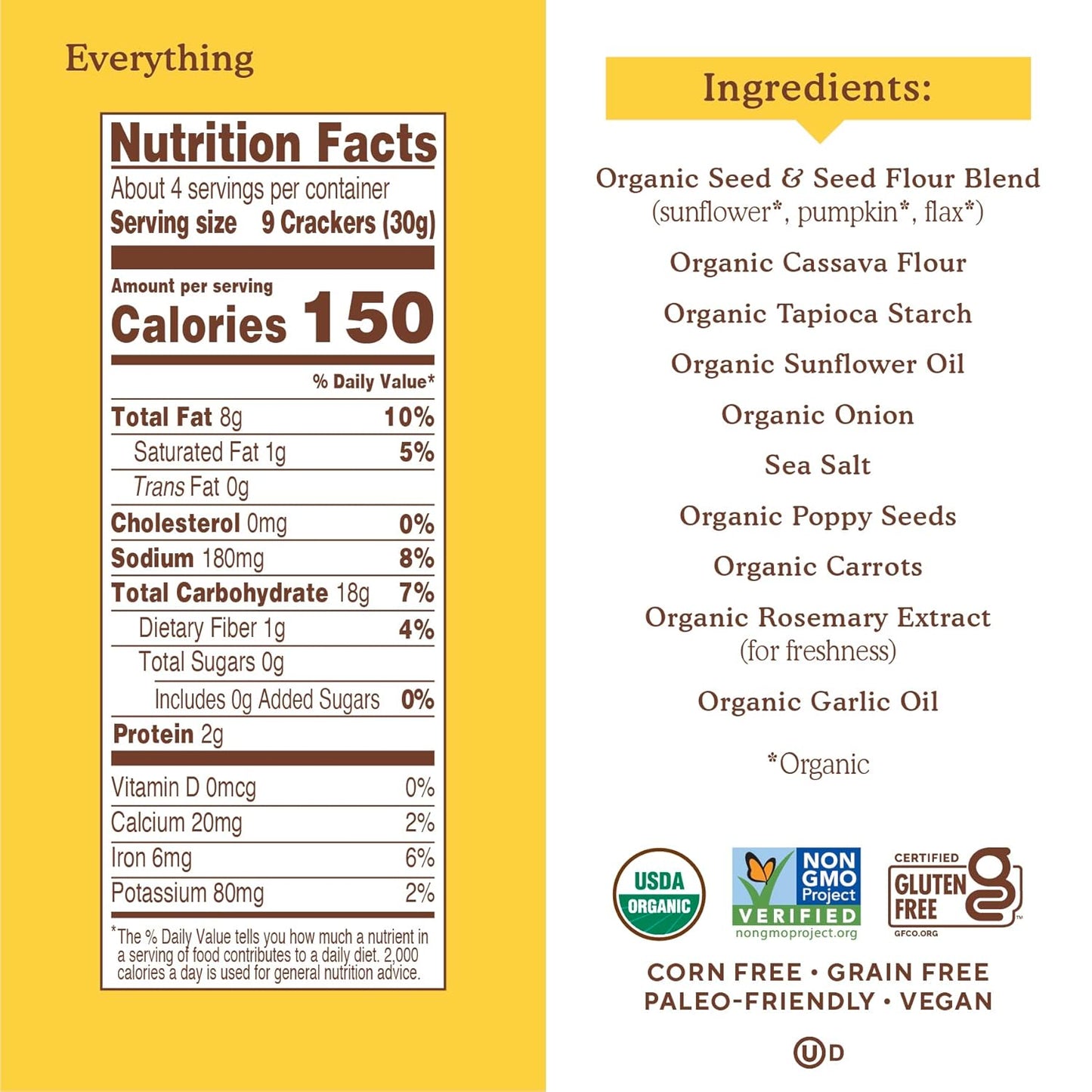 Simple Mills Organic Seed Crackers, Everything, Gluten Free, Flax Seed, Sunflower Seeds, Corn Free, Low-Calorie Snacks, Plant Based, Nutrient Dense, 4.25oz, 3 Count