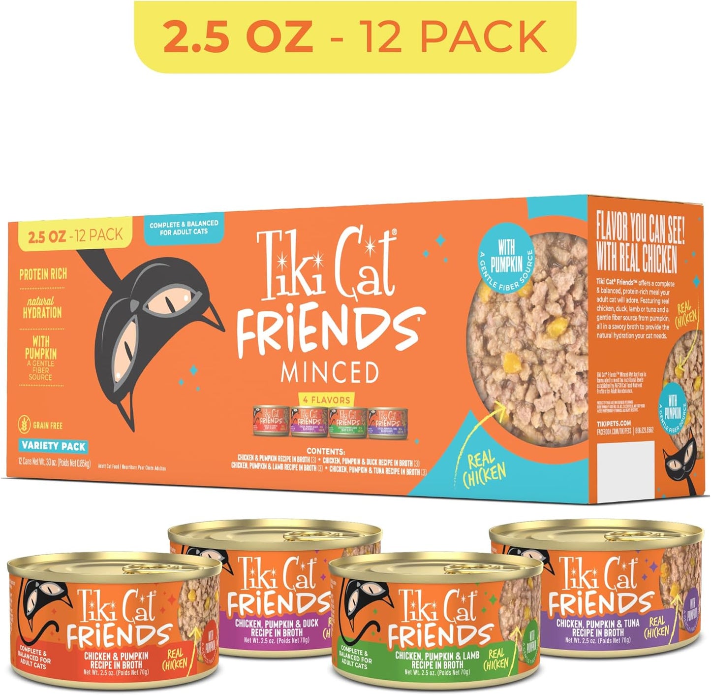 Tiki Cat Friends Chicken Variety Pack, High Protein & High Moisture Wet Cat Food for Adult Cats, 2.5 oz. Can (12 Count)