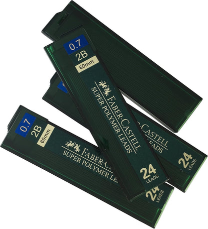 Faber-Castell 0.7mm 2B Super Polymer Premium Strong Dark Smooth Leads Mechanical Pencil Lead Refills For All 0.7 mm Mechanical Pencils (4 Tubes, 24 Leads Per Tube - Total 96 leads)