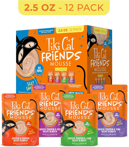 Tiki Cat Friends Mousse Chicken Variety Pack, High Protein & High Moisture Wet Cat Food for Adult Cats, 2.5 oz. Pouch (12 Count)