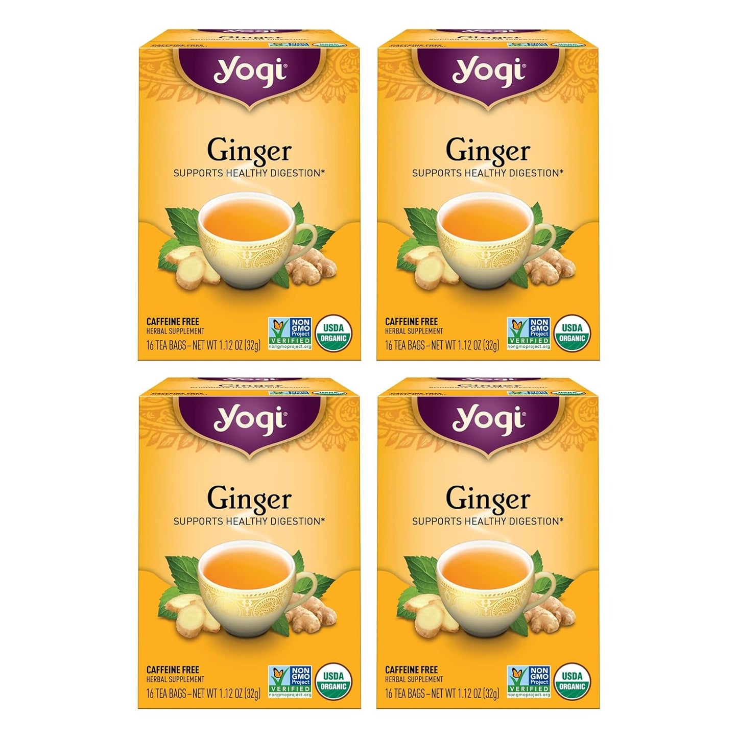 Yogi Tea Ginger - 16 Bags per Pack (4 Packs) - Organic Digestive Support Tea - Includes Ginger Root, Lemongrass, Licorice Root, Peppermint Leaf & Black Pepper