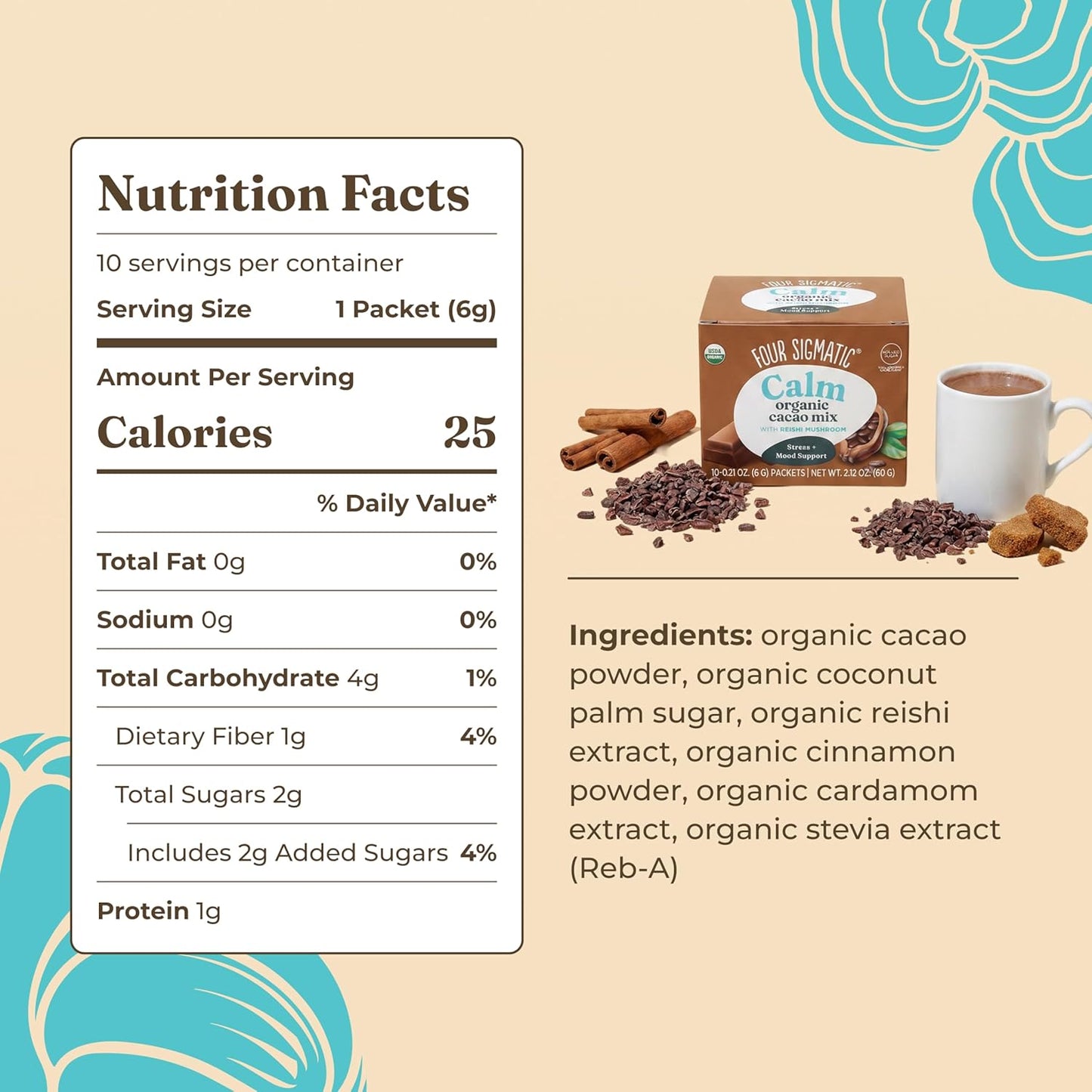 Four Sigmatic Mushroom Hot Cacao Mix with Reishi | Organic Reishi Mushroom, Cinnamon, Cardamom, Reduces Anxiety & Stress, Improves Sleep | USDA Organic | Vegan & Paleo (2 Packs of 10 Packets)