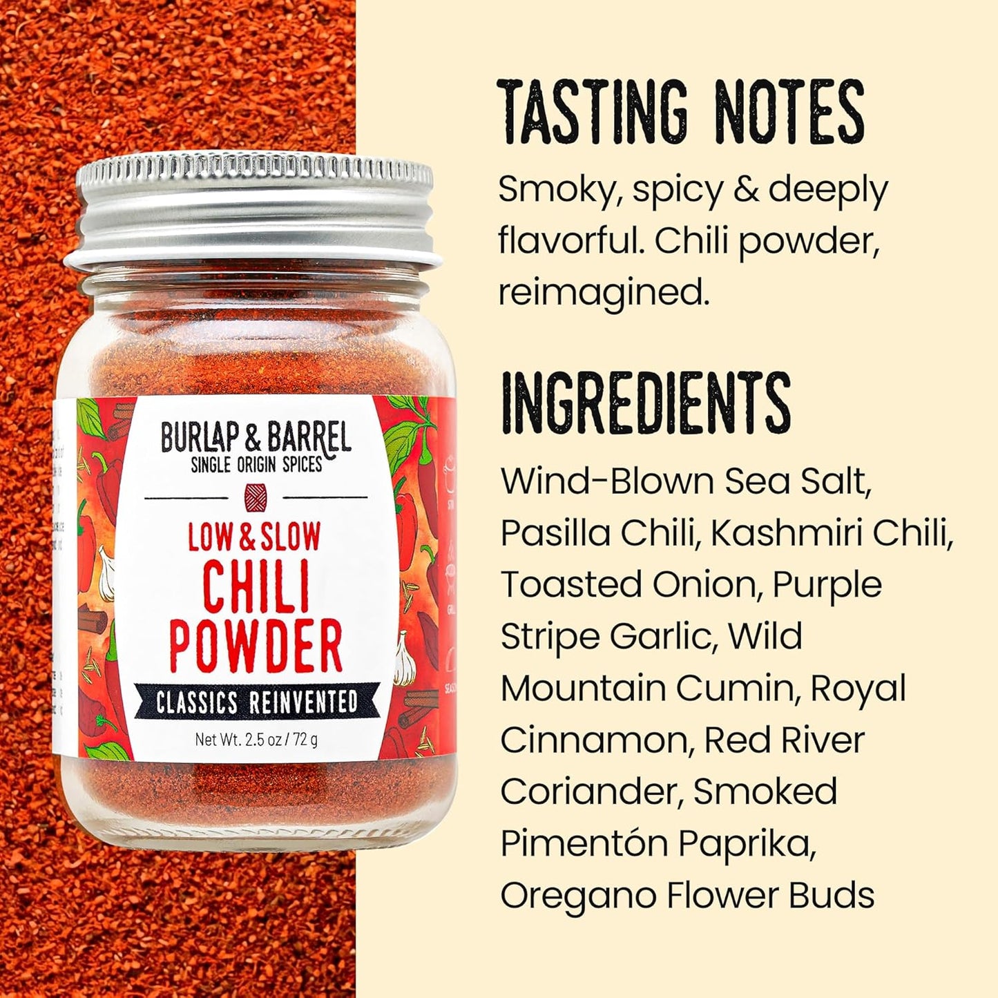 Burlap & Barrel Low & Slow Chili Powder – Smoky Pasilla, Kashmiri Chili & Smoked Paprika Blend for Chili, Tacos, Fries & Snacks – As seen on Shark Tank – 2.5oz Glass Jar