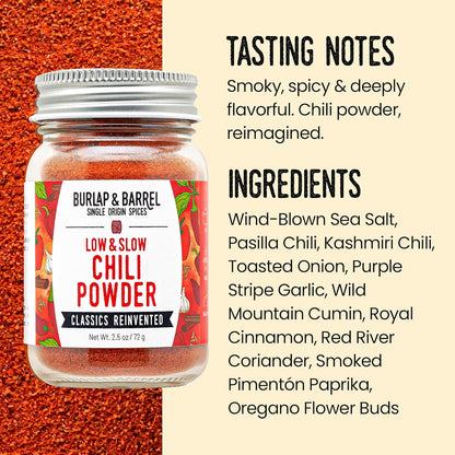 Burlap & Barrel Low & Slow Chili Powder – Smoky Pasilla, Kashmiri Chili & Smoked Paprika Blend for Chili, Tacos, Fries & Snacks – As seen on Shark Tank – 2.5oz Glass Jar