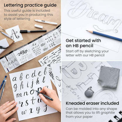 ARTEZA Hand Lettering Pens Set of 12 – Calligraphy and Brush Pens with Guidebook, Pencil, Eraser for Beginners Learning Hand Lettering and Decorative Writing