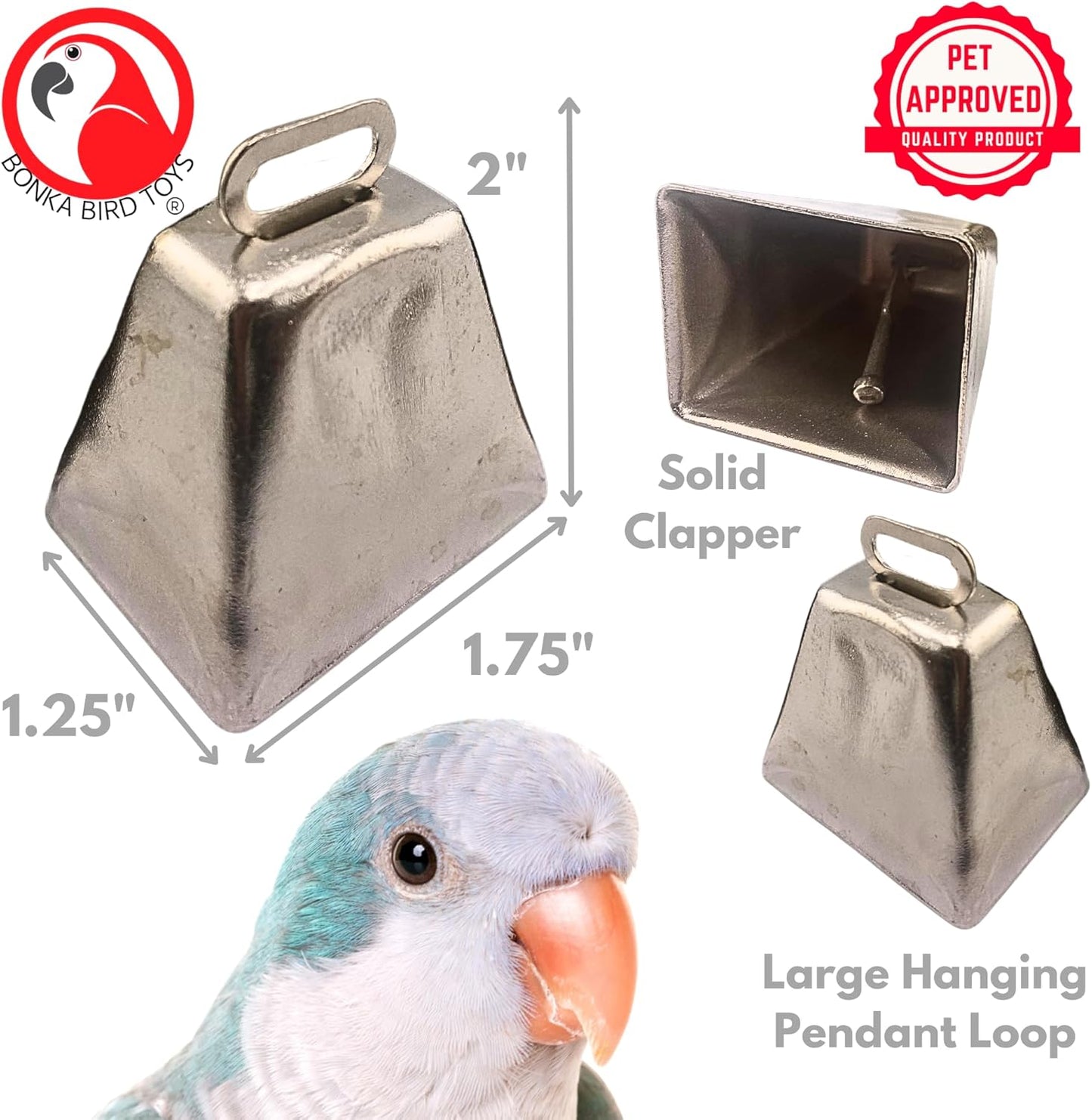 Bonka Bird Toys 1099 Pk4 Large Silver Cow Bells 2" Metal Bells for Small to Large Parrots DIY Bird Toy Parts Enrichment Accessories Conure Amazon Eclectus African Grey