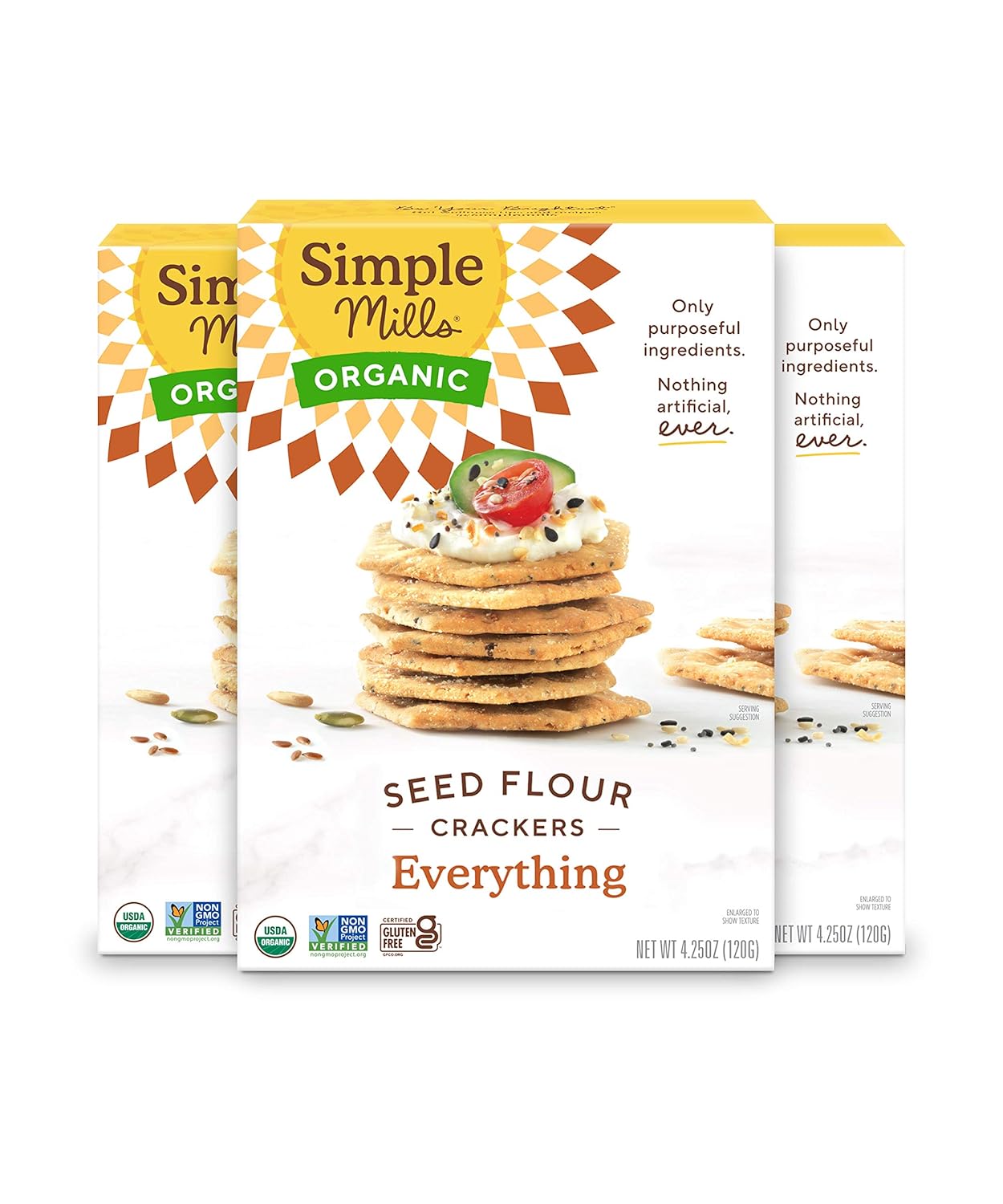 Simple Mills Organic Seed Crackers, Everything, Gluten Free, Flax Seed, Sunflower Seeds, Corn Free, Low-Calorie Snacks, Plant Based, Nutrient Dense, 4.25oz, 3 Count
