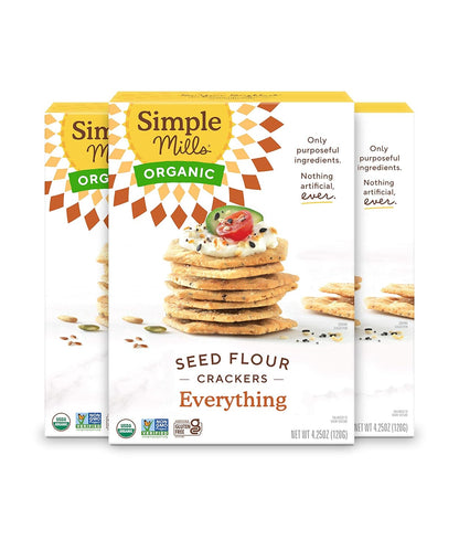 Simple Mills Organic Seed Crackers, Everything, Gluten Free, Flax Seed, Sunflower Seeds, Corn Free, Low-Calorie Snacks, Plant Based, Nutrient Dense, 4.25oz, 3 Count