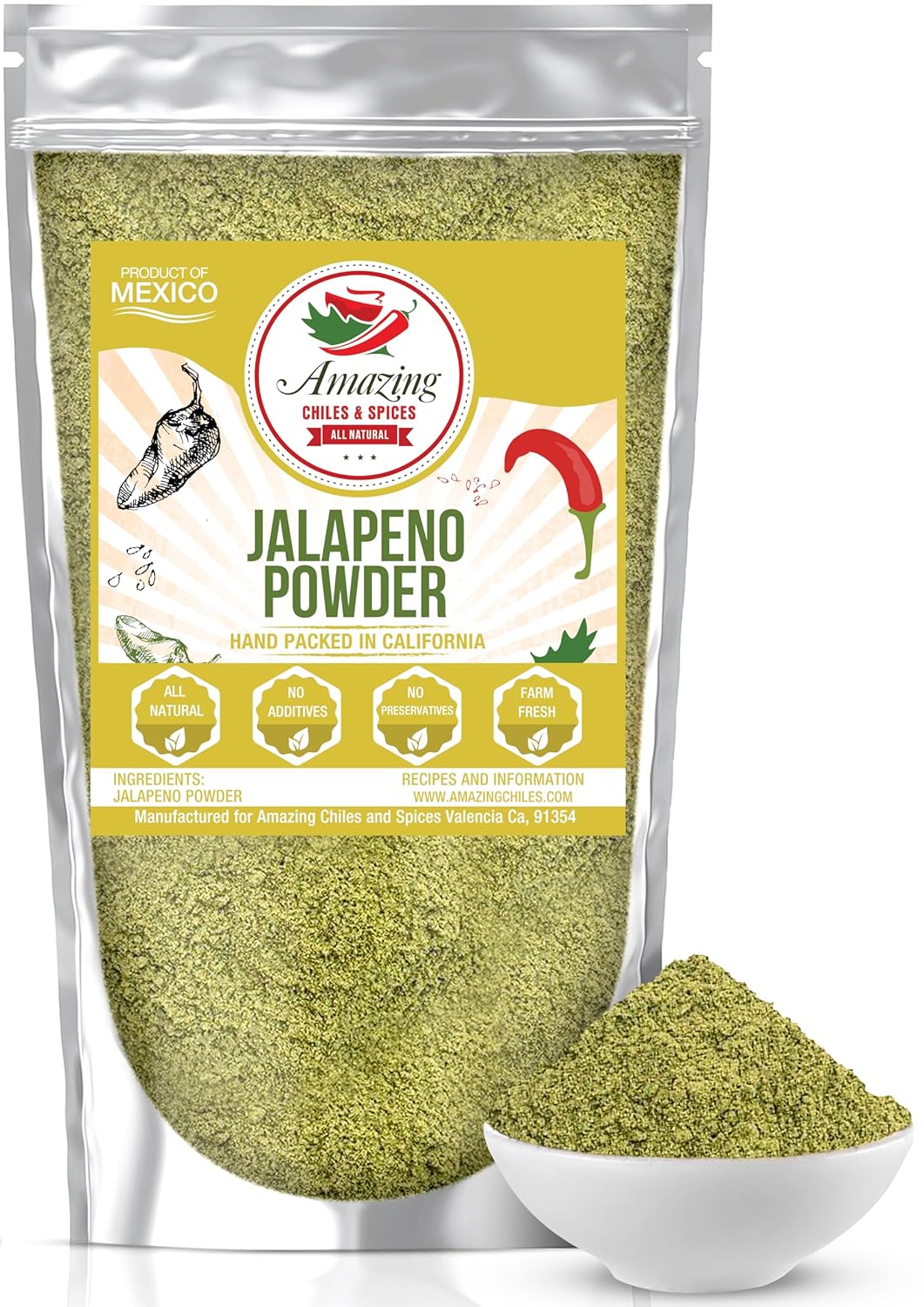 Jalapeno Powder Seasoning 4oz – Natural and Premium. Great For Chili, Salsa, Spice Blends, Stews, Tacos, Corn Bread. Medium to High Heat - fruity, spicy hot flavor. By Amazing Chiles & Spices.