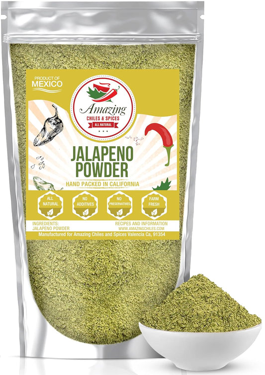 Jalapeno Powder Seasoning 4oz – Natural and Premium. Great For Chili, Salsa, Spice Blends, Stews, Tacos, Corn Bread. Medium to High Heat - fruity, spicy hot flavor. By Amazing Chiles & Spices.