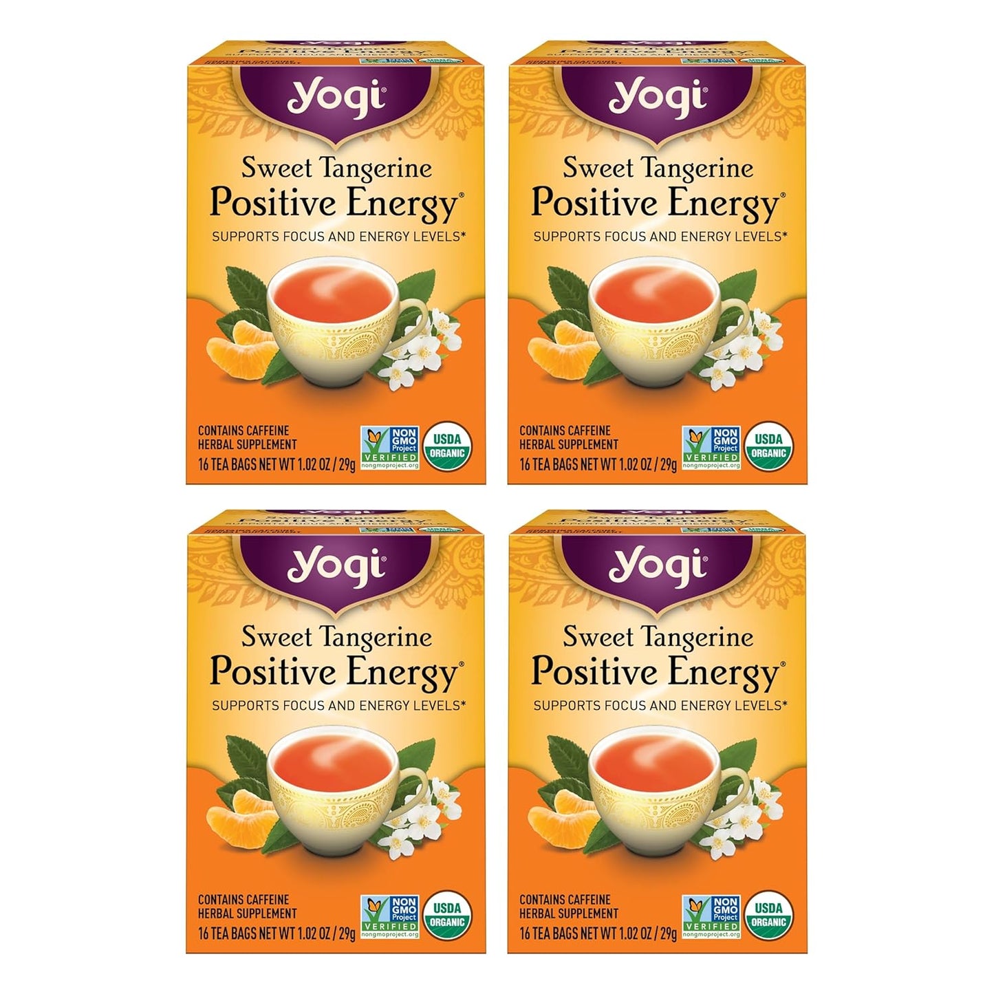 Yogi Sweet Tangerine Positive Energy Tea - 16 Tea Bags per Pack (4 Packs) - Organic Tangerine Energy Tea