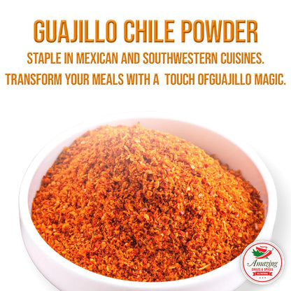 Guajillo Chile Powder Ground (4oz) – Natural and Premium. Great For Chili, Sauces, Stews, Salsa, Meat Rubs, Enchiladas, Mole and Tamales. Tangy Spicy-Sweet Flavor By Amazing Chiles and Spices