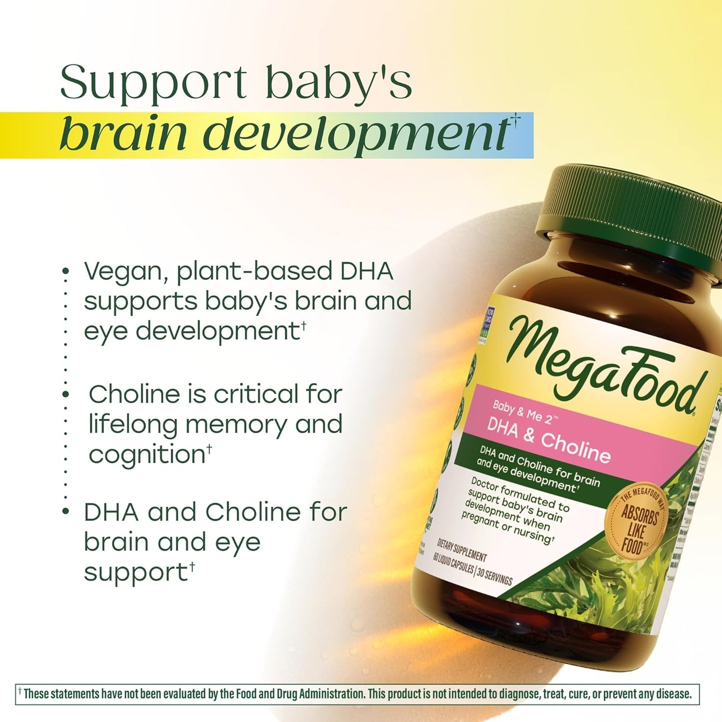 MegaFood Baby & Me 2 Prenatal Vitamins for Women, DHA & Choline Supplements, Liquid DHA and Choline for Baby's Brain and Eye Development During Pregnancy, Vegan, 60 Capsules (30 Servings)