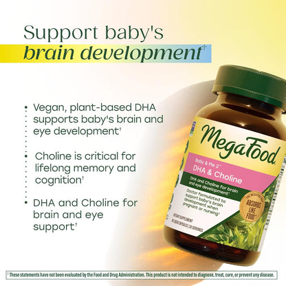MegaFood Baby & Me 2 Prenatal Vitamins for Women, DHA & Choline Supplements, Liquid DHA and Choline for Baby's Brain and Eye Development During Pregnancy, Vegan, 60 Capsules (30 Servings)