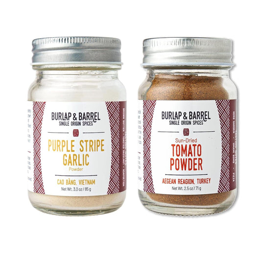 Burlap & Barrel Flavor Fusion: Sun-Dried Tomato Powder and Purple Stripe Garlic Bundle - Elevate Your Dishes with Savory Umami and Sweet Complexity!