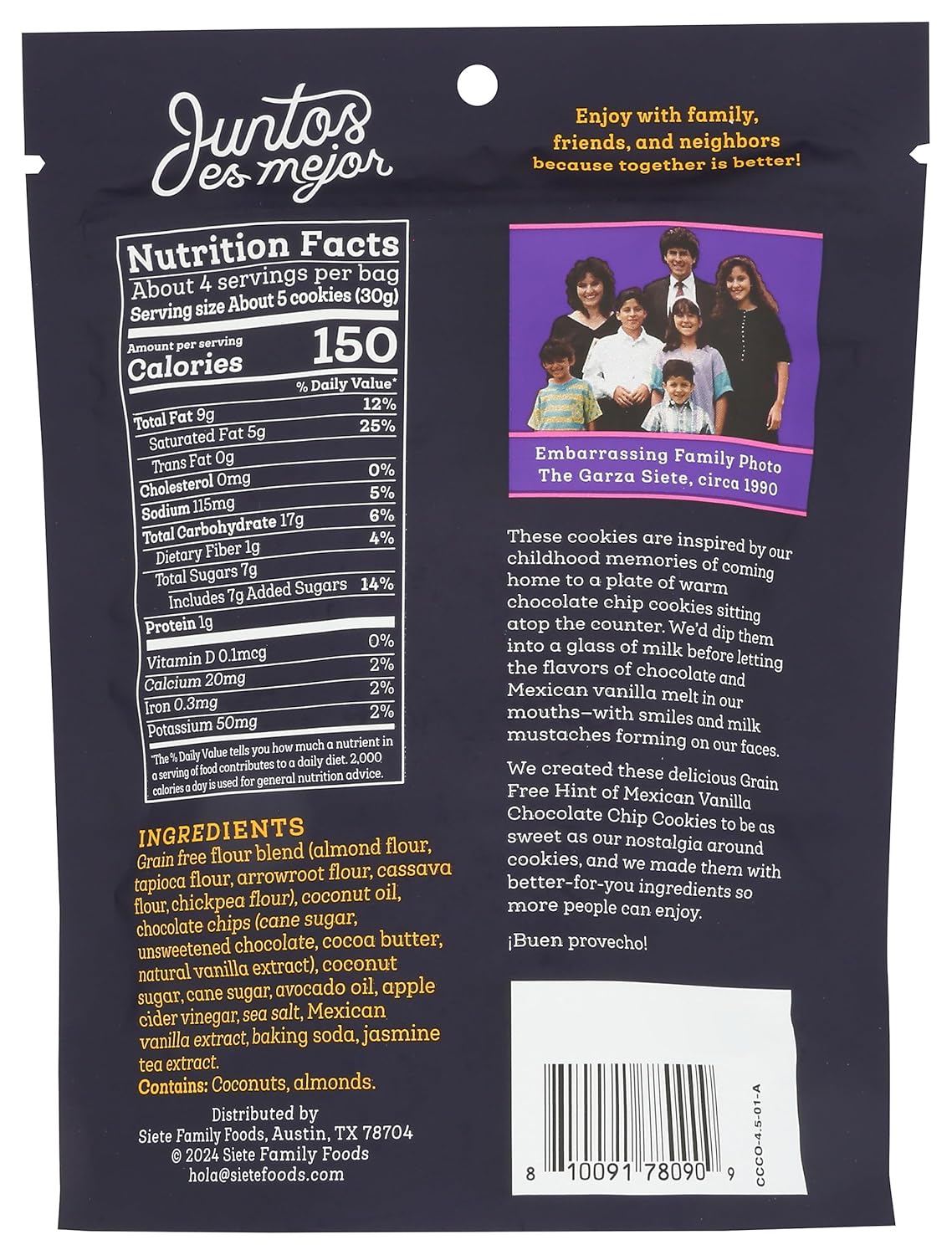 Siete Gluten Free Chocolate Chip Cookies w/ Hint of Mexican Vanilla | Vegan | Grain Free | Non GMO | Dairy Free | Made with Almond Flour & Coconut Oil | 4.5 Oz. Bag (Pack of 1)