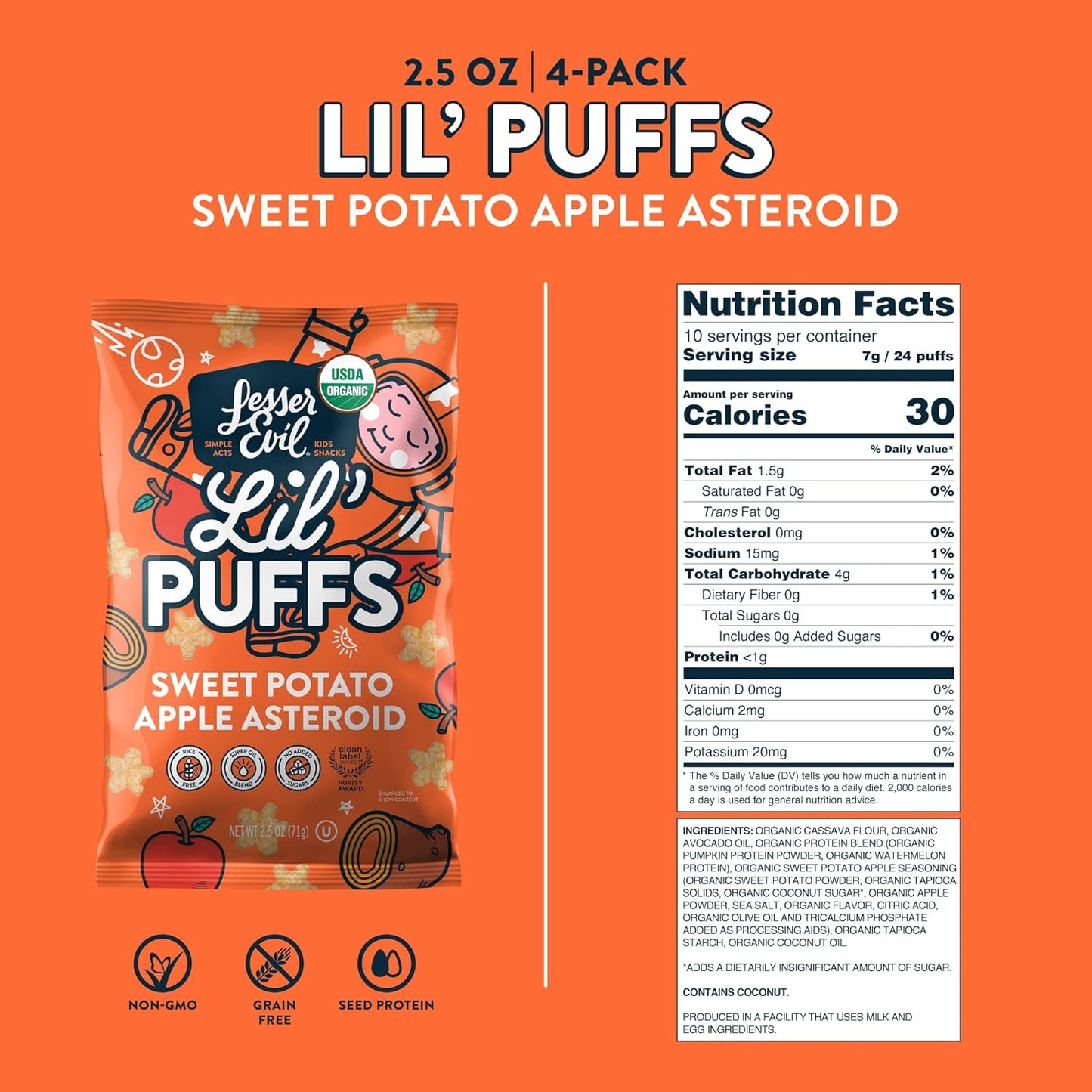 LesserEvil Sweet Potato Apple Lil' Puffs, Organic Snacks for Kids, Rice-Free, 0g Sugar Per Serving, 2.5 Oz, Pack of 5