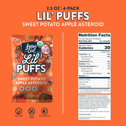 LesserEvil Sweet Potato Apple Lil' Puffs, Organic Snacks for Kids, Rice-Free, 0g Sugar Per Serving, 2.5 Oz, Pack of 5