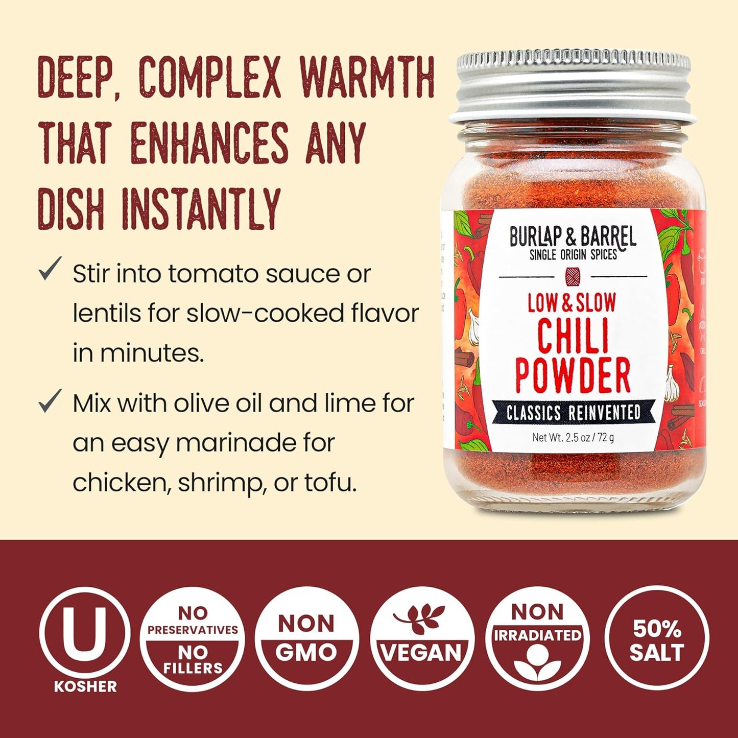 Burlap & Barrel Low & Slow Chili Powder – Smoky Pasilla, Kashmiri Chili & Smoked Paprika Blend for Chili, Tacos, Fries & Snacks – As seen on Shark Tank – 2.5oz Glass Jar