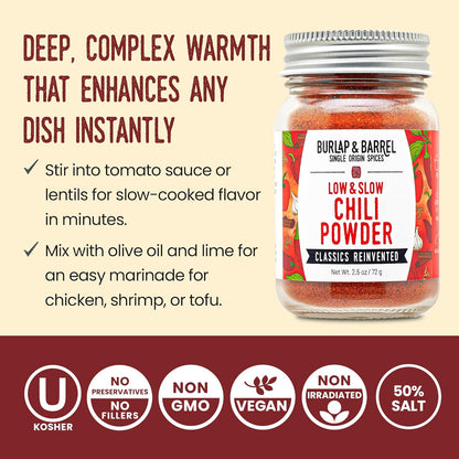 Burlap & Barrel Low & Slow Chili Powder – Smoky Pasilla, Kashmiri Chili & Smoked Paprika Blend for Chili, Tacos, Fries & Snacks – As seen on Shark Tank – 2.5oz Glass Jar
