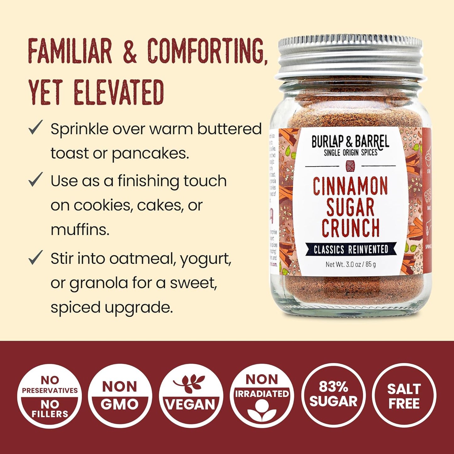 Burlap & Barrel Cinnamon Sugar Crunch – Royal Cinnamon, Cardamom & Turbinado Sugar Blend for Toast, Oatmeal, Baking & Desserts – As seen on Shark Tank – 3oz Glass Jar