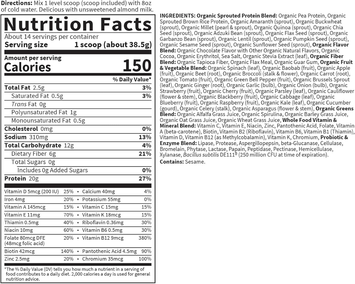 Garden of Life Meal Replacement Shakes, Raw Organic, Chocolate Protein Powder with Plant Based Pea Protein, Sprouts, Greens, Probiotics, Dairy Free 14 Servings