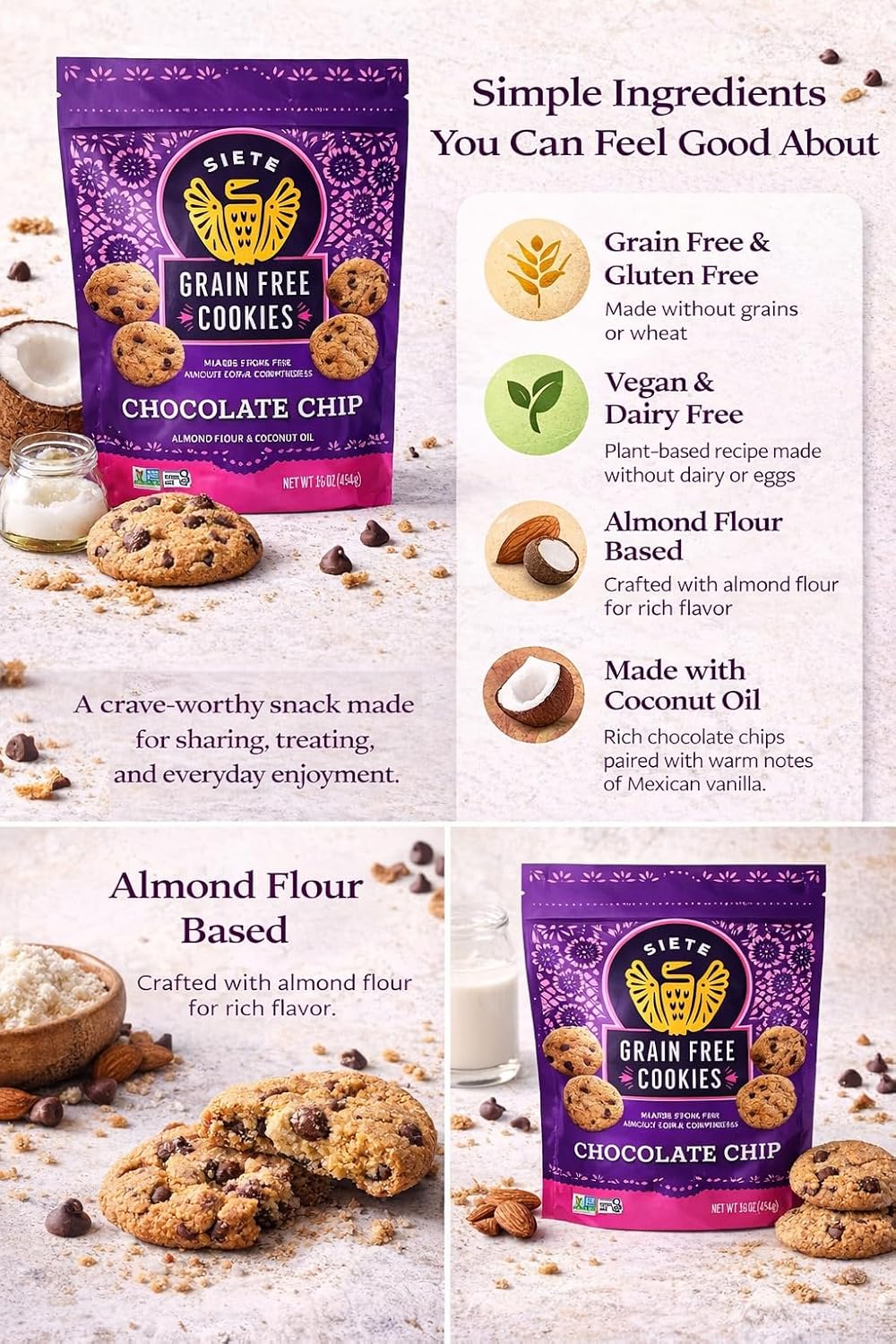 Siete Grain Free Cookies Mexican Vanilla Chocolate Chip – Gluten Free Vegan Cookies – Almond Flour Cookies with Coconut Oil – Dairy Free, Paleo Friendly Snack – 16 oz