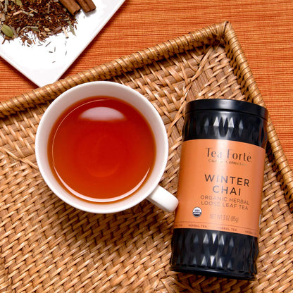 Tea Forte Winter Chai Premium Loose Leaf Caffeine-Free Herbal Tea Blend Canister, Makes 35-50 Cups, Round Canister