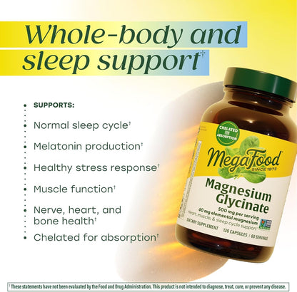 MegaFood Magnesium Glycinate 500mg - Chelated Magnesium Supplement - 60mg Elemental Magnesium - Gentle on the Stomach - Supports Normal Sleep Cycle & Healthy Stress Response - 120 Capsules 60 Servings