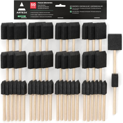 ARTEZA Foam Paint Brushes Set of 50, 1 and 2 Inch Sponge Paint Brushes with Wooden Handles, Craft Paint Brush Set for Acrylic Painting, Wood Staining, Varnish, and DIY Projects