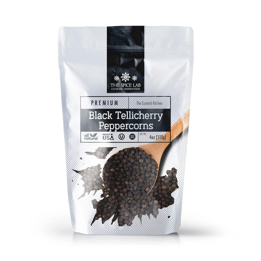 The Spice Lab - Black Tellicherry Peppercorns for Grinder Packed in the USA - Steam Sterilized Kosher Non-GMO All Natural Black Pepper 5015 (4 oz Resealable Bag)
