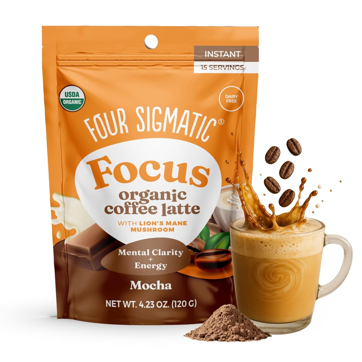 Four Sigmatic Mocha Focus Mushroom Coffee Latte | Plant-Based Organic Instant Latte with Lion’s Mane Mushroom for Focus and Mental Clarity | Made With Just 6 Organic Ingredients | 4.23 oz Bag