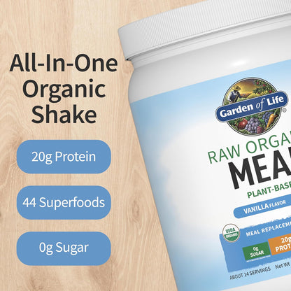Garden of Life Meal Replacement Shakes, Raw Organic, Vanilla Protein Powder with Plant Based Pea Protein, Sprouts, Greens, Probiotics, Dairy Free 14 Servings
