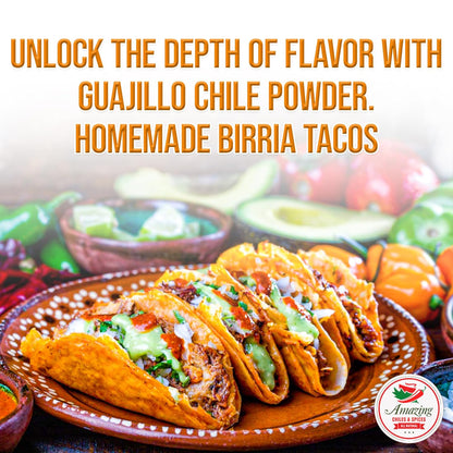 Guajillo Chile Powder Ground (4oz) – Natural and Premium. Great For Chili, Sauces, Stews, Salsa, Meat Rubs, Enchiladas, Mole and Tamales. Tangy Spicy-Sweet Flavor By Amazing Chiles and Spices
