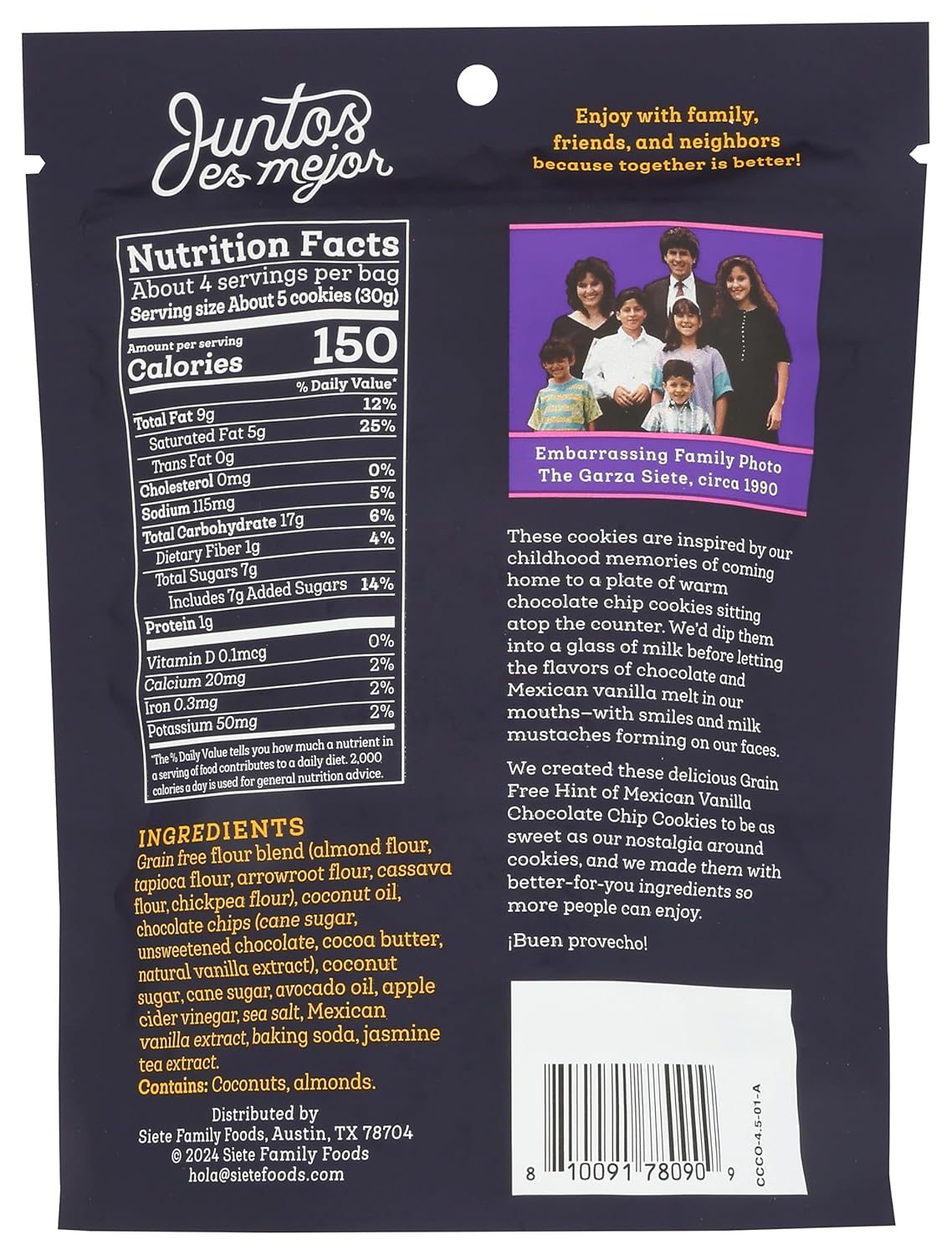 Siete Gluten Free Chocolate Chip Cookies w/ Hint of Mexican Vanilla | Vegan | Grain Free | Non GMO | Dairy Free | Made with Almond Flour & Coconut Oil | 4.5 Oz. Bag (Pack of 1)