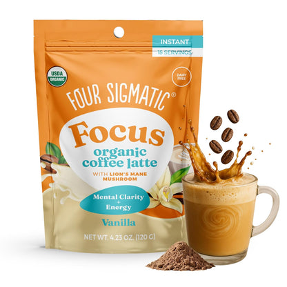 Four Sigmatic Vanilla Focus Mushroom Coffee Latte Plant-Based Organic Instant Latte with Lion’s Mane Mushroom for Focus and Mental Clarity Made With Just 6 Organic Ingredients 4.23 oz Bag