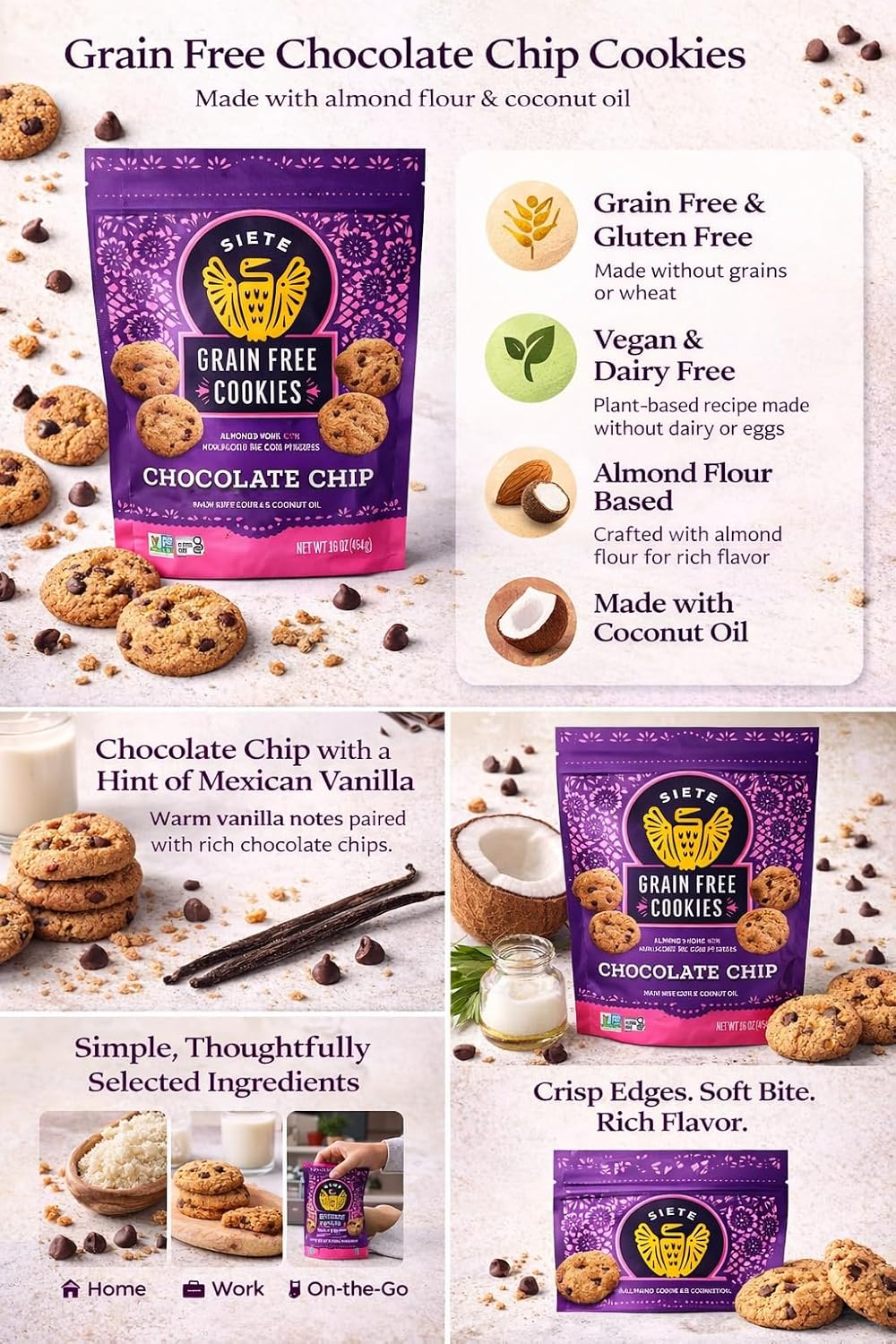 Siete Grain Free Cookies Mexican Vanilla Chocolate Chip – Gluten Free Vegan Cookies – Almond Flour Cookies with Coconut Oil – Dairy Free, Paleo Friendly Snack – 16 oz