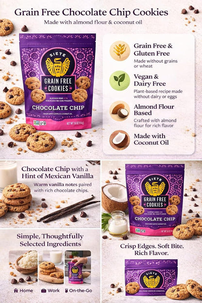 Siete Grain Free Cookies Mexican Vanilla Chocolate Chip – Gluten Free Vegan Cookies – Almond Flour Cookies with Coconut Oil – Dairy Free, Paleo Friendly Snack – 16 oz