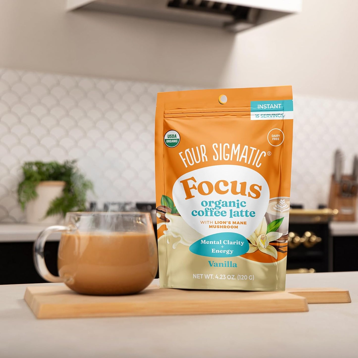 Four Sigmatic Vanilla Focus Mushroom Coffee Latte Plant-Based Organic Instant Latte with Lion’s Mane Mushroom for Focus and Mental Clarity Made With Just 6 Organic Ingredients 4.23 oz Bag